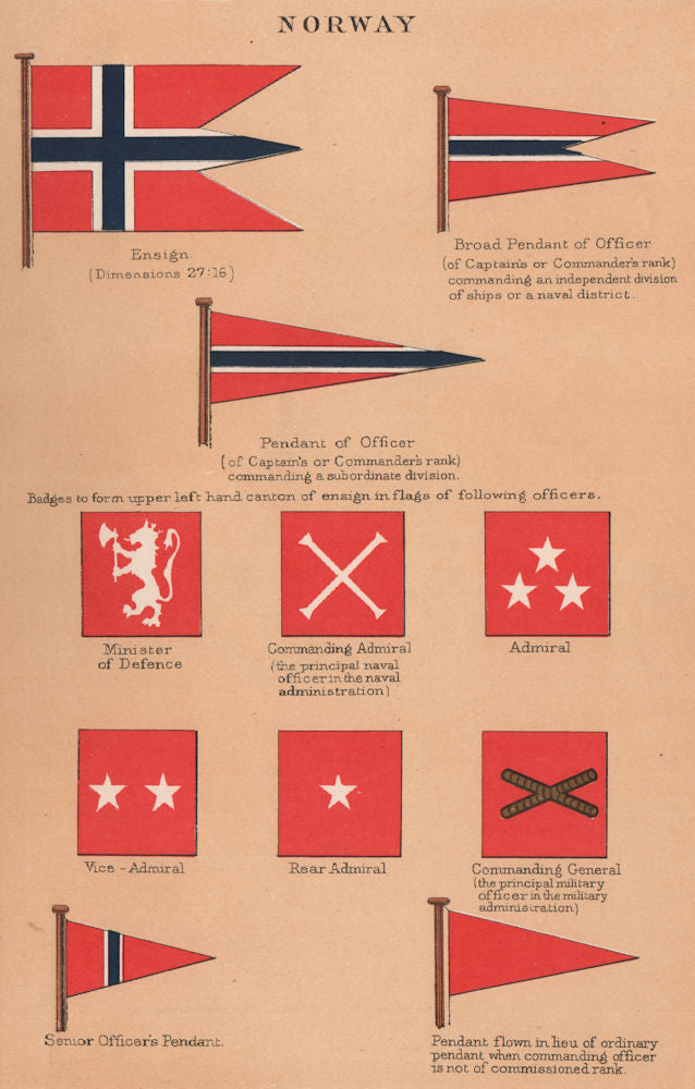 NORWAY FLAGS. Ensign. Senior Officer's Pendant. Vice/Rear-Admiral badges 1916